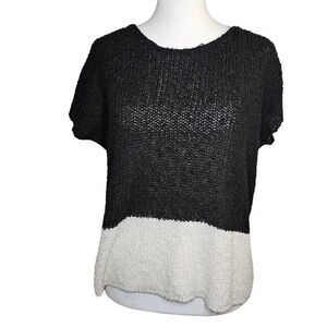 Vintage 80s Ades Sweater Womens Size M White Black Soft Knit Short Sleeves
